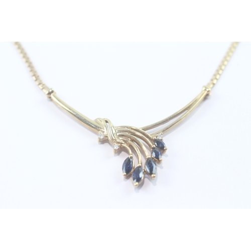121 - 9ct gold marquise cut sapphire diamond necklace (6.4g)