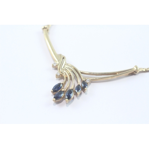 121 - 9ct gold marquise cut sapphire diamond necklace (6.4g)