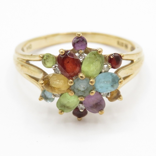 26 - 9ct gold multi gemstone dress ring inc diamond, amethyst, peridot, citrine and blue topaz (3.1g) Siz... 