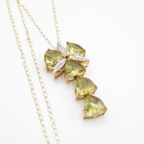 35 - 9ct gold citrine and diamond chunky drop pendant on chain (10g)