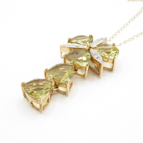 35 - 9ct gold citrine and diamond chunky drop pendant on chain (10g)