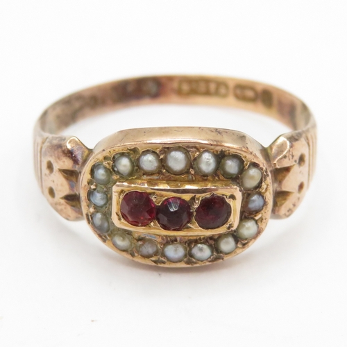 57 - Antique 9ct gold ruby and peal ring (1.28g) Size N