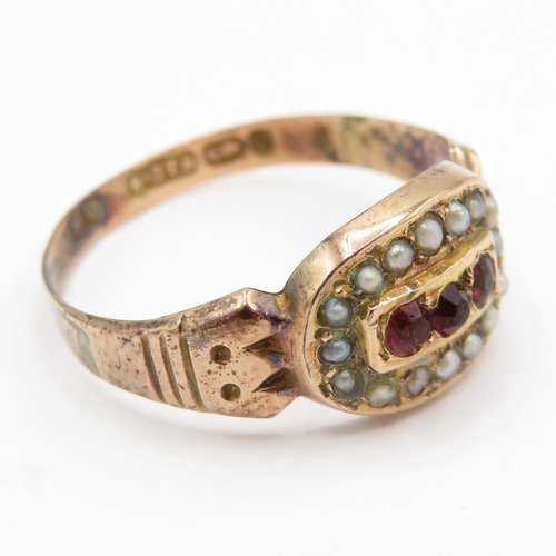 57 - Antique 9ct gold ruby and peal ring (1.28g) Size N