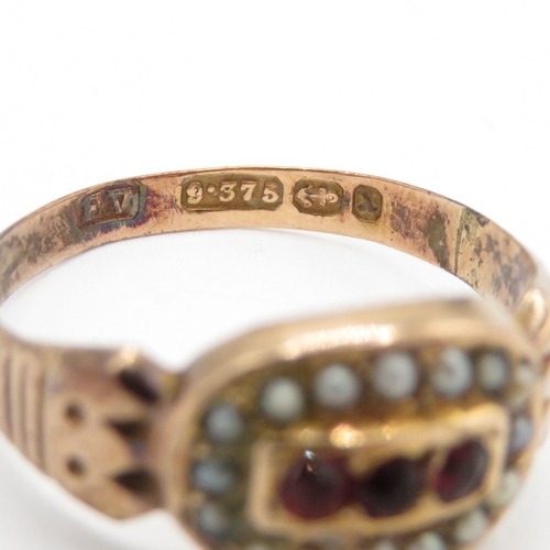 57 - Antique 9ct gold ruby and peal ring (1.28g) Size N