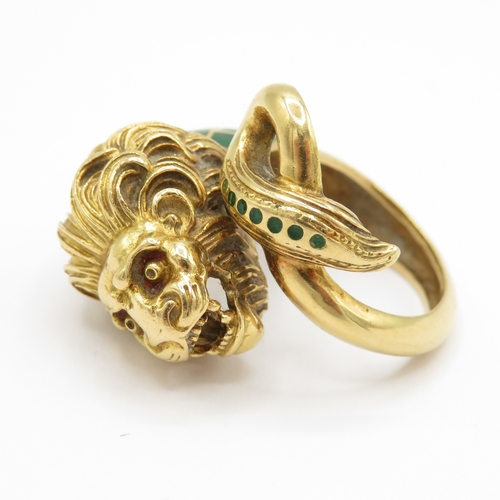 6 - 18ct gold green enamel lion ring (10.2g) Size M (adjustable)