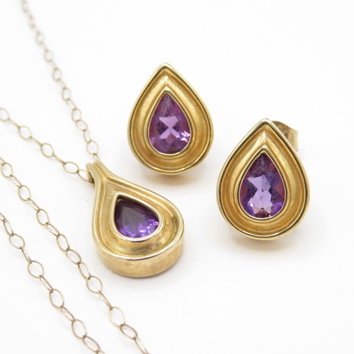 131 - 9ct gold amethyst earrings and necklace set  (4.3g)