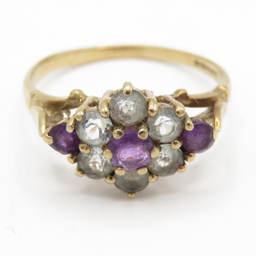 162 - 9ct gold amethyst and quartz cluster ring (1.9g) Size M 1/2