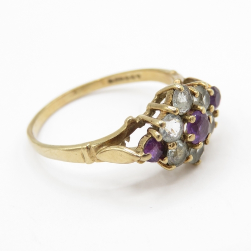 162 - 9ct gold amethyst and quartz cluster ring (1.9g) Size M 1/2