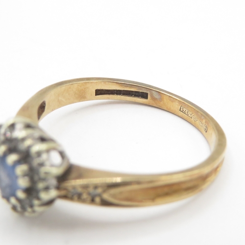 99 - 9ct gold sapphire and moissanite heart halo ring  (2.7g) Size N