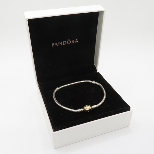 235 - Authentic Pandora Silver Bracelet with Solid 14K Gold Clasp - Boxed - Excellent Condition - 14.3g
