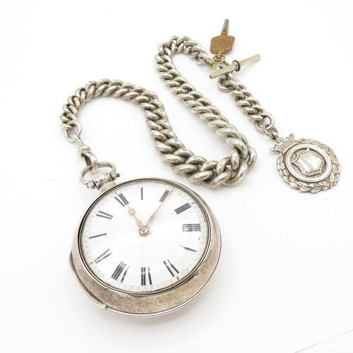286 - Silver pair case pocket watch and chain 273g. Watch runs