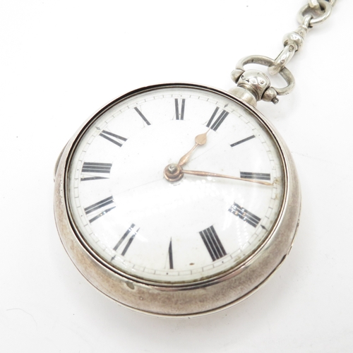 286 - Silver pair case pocket watch and chain 273g. Watch runs