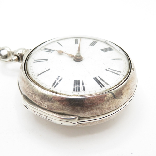 286 - Silver pair case pocket watch and chain 273g. Watch runs