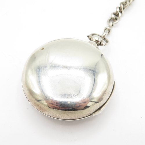 286 - Silver pair case pocket watch and chain 273g. Watch runs