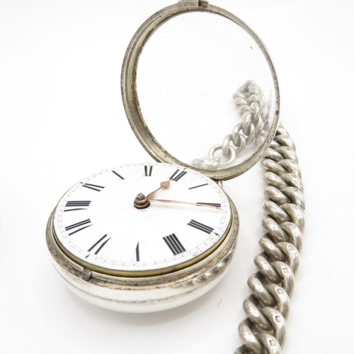 286 - Silver pair case pocket watch and chain 273g. Watch runs