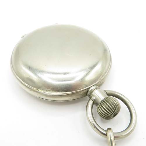 287 - Non silver pocket watch and chain with stand. Watch runs