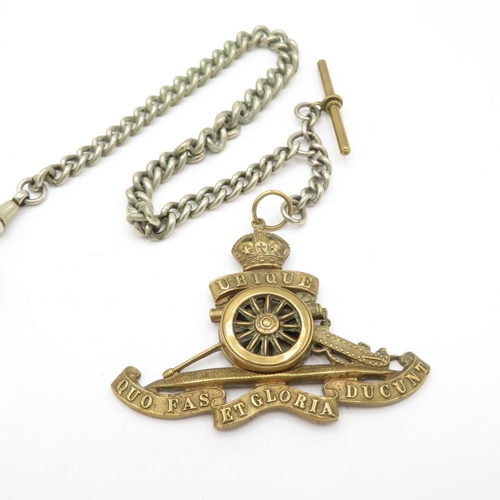 287 - Non silver pocket watch and chain with stand. Watch runs