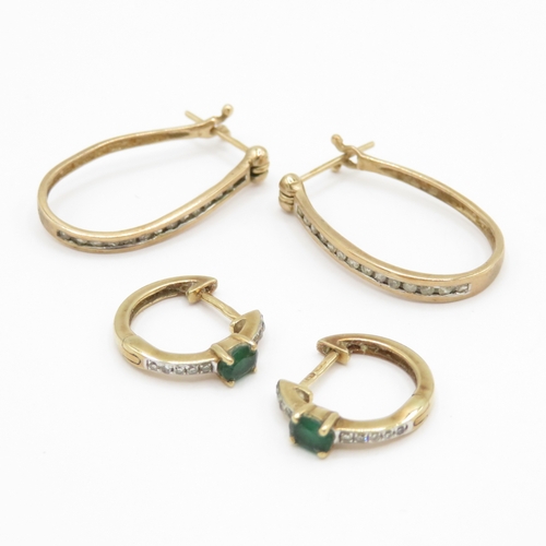 46 - 2 x 9ct gold stone set hoop earrings inc. diamond and emerald (3.5g)