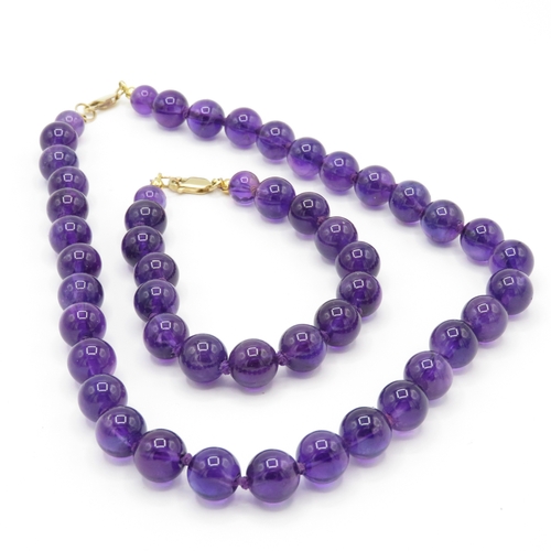 6 - 14ct gold clasp amethyst beads necklace and bracelet (70.3g)