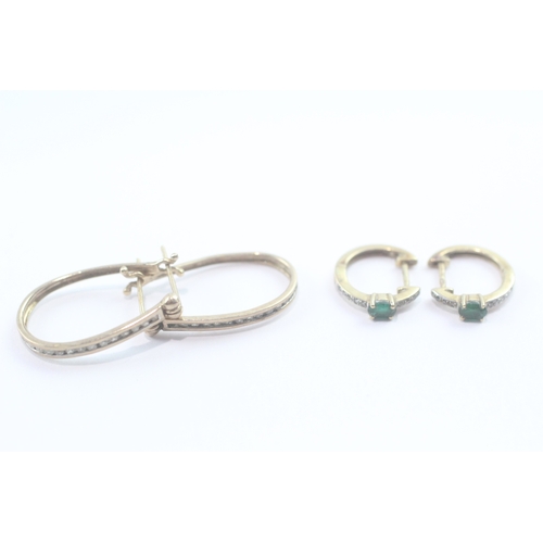 46 - 2 x 9ct gold stone set hoop earrings inc. diamond and emerald (3.5g)