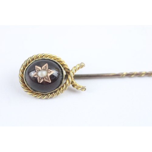 85 - 9ct gold split pearl and foiled back rock crystal base metal pin (3.5g)