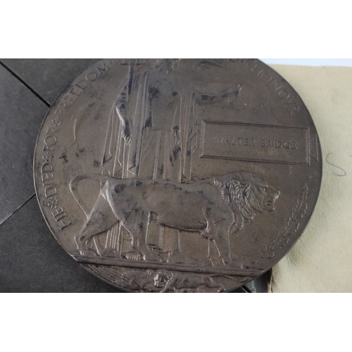 299 - WW1 Death Plaque, Card Holder & Envelope Named To Walter Bridge