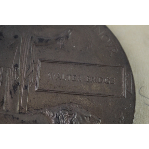 299 - WW1 Death Plaque, Card Holder & Envelope Named To Walter Bridge
