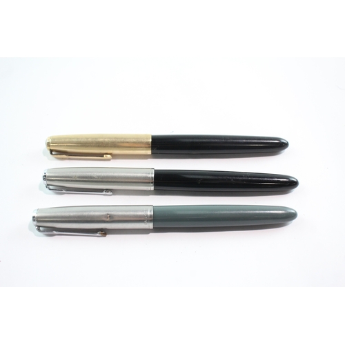 383 - 3 x Vintage Parker 51 Fountain Pens w/ 14ct Gold Nibs WRITING Inc Gold Plate Cap