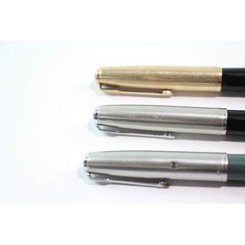 383 - 3 x Vintage Parker 51 Fountain Pens w/ 14ct Gold Nibs WRITING Inc Gold Plate Cap