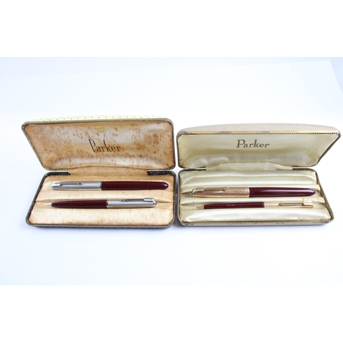 385 - 2 x Vintage Parker 51 Burgundy Fountain Pen Sets In Original Boxes
