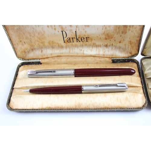 385 - 2 x Vintage Parker 51 Burgundy Fountain Pen Sets In Original Boxes