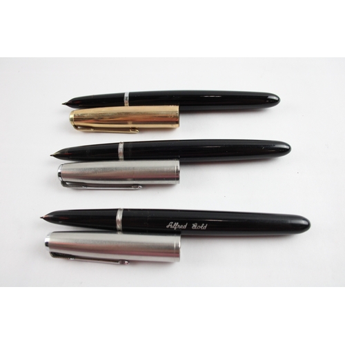 397 - 3 x Vintage Parker 51 Fountain Pens 14ct Gold Nibs WRITING Inc Gold Plate Cap