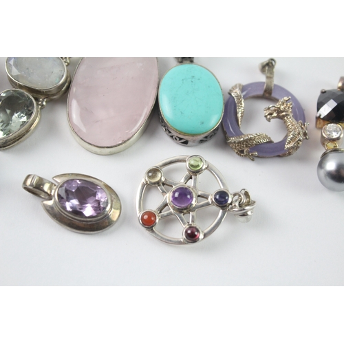 243 - Collection of Sterling Silver Gemstone Pendants inc. Rose Quartz x 8 90g