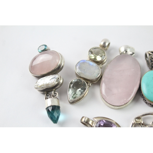 243 - Collection of Sterling Silver Gemstone Pendants inc. Rose Quartz x 8 90g
