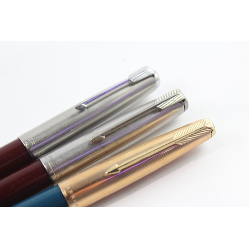 3 x Vintage Parker 51 Fountain Pens w/ 14ct Gold Nibs WRITING Inc Gold ...