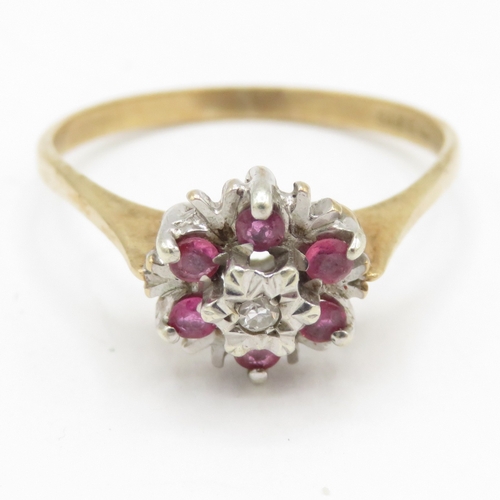 103 - 9ct gold ruby diamond cluster ring (1.9g) Size P