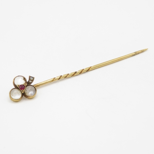 65 - 18ct gold moonstone ruby diamond stick pin (1.5g)