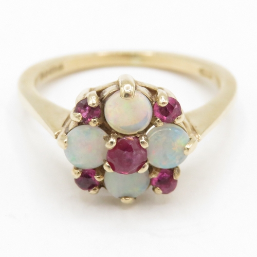 86 - 9ct gold opal and ruby cluster ring (2.7g) Size M