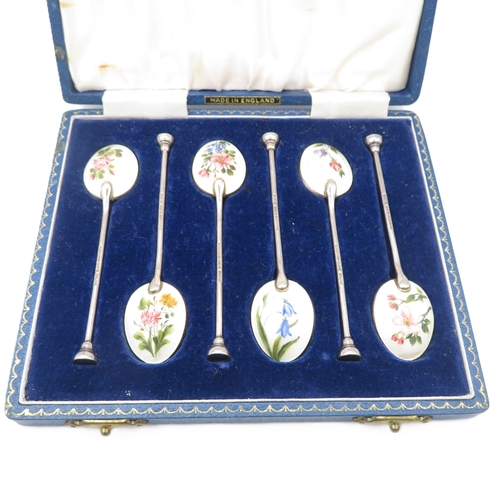 276 - Boxed Sterling Silver 925 Henry Clifford Davis Floral Guilloche Enamel Spoons from Garrard & Co 59g