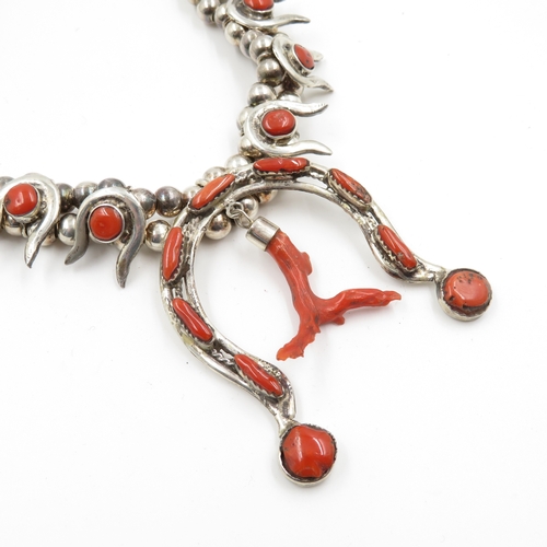 209 - Sterling Silver 925 Native American Style Coral Necklace (104g)