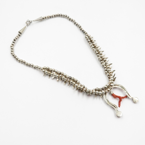 209 - Sterling Silver 925 Native American Style Coral Necklace (104g)