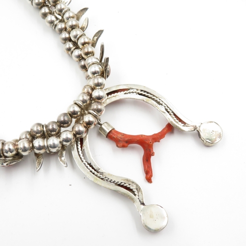 209 - Sterling Silver 925 Native American Style Coral Necklace (104g)