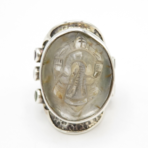 213 - Sterling Silver 925 Carved Ring with Gemstones (21g) Size S