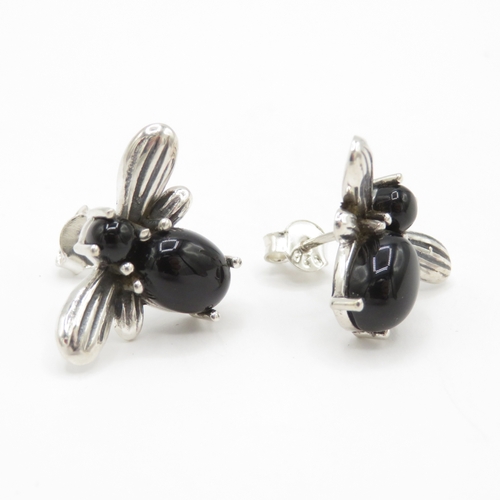 214 - Sterling Silver 925 Black Gemstone Bug Earrings (4.9g)