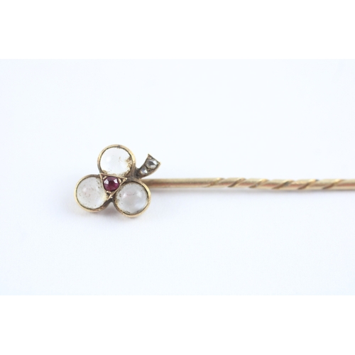 65 - 18ct gold moonstone ruby diamond stick pin (1.5g)
