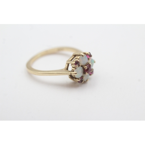 86 - 9ct gold opal and ruby cluster ring (2.7g) Size M