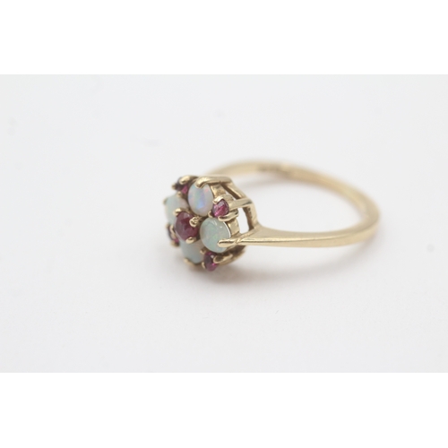 86 - 9ct gold opal and ruby cluster ring (2.7g) Size M