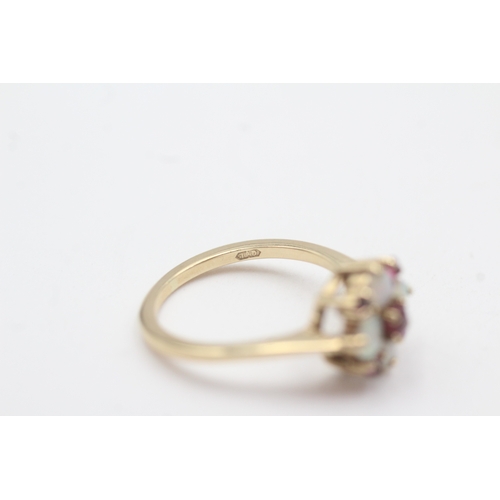 86 - 9ct gold opal and ruby cluster ring (2.7g) Size M