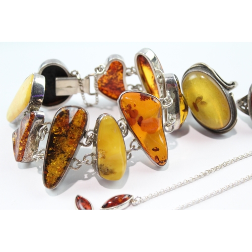 152 - Collection Of Sterling Silver Amber Jewellery inc. Rings, Necklace x 6 110g