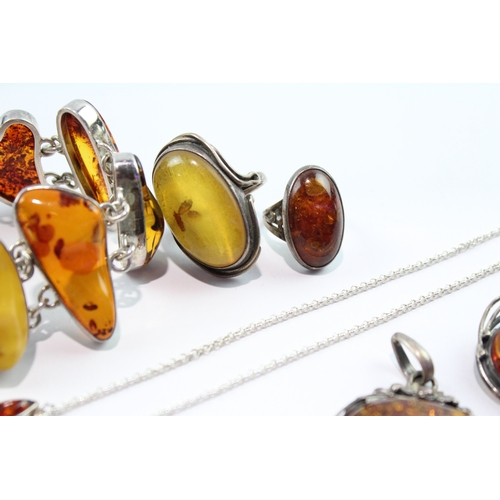 152 - Collection Of Sterling Silver Amber Jewellery inc. Rings, Necklace x 6 110g